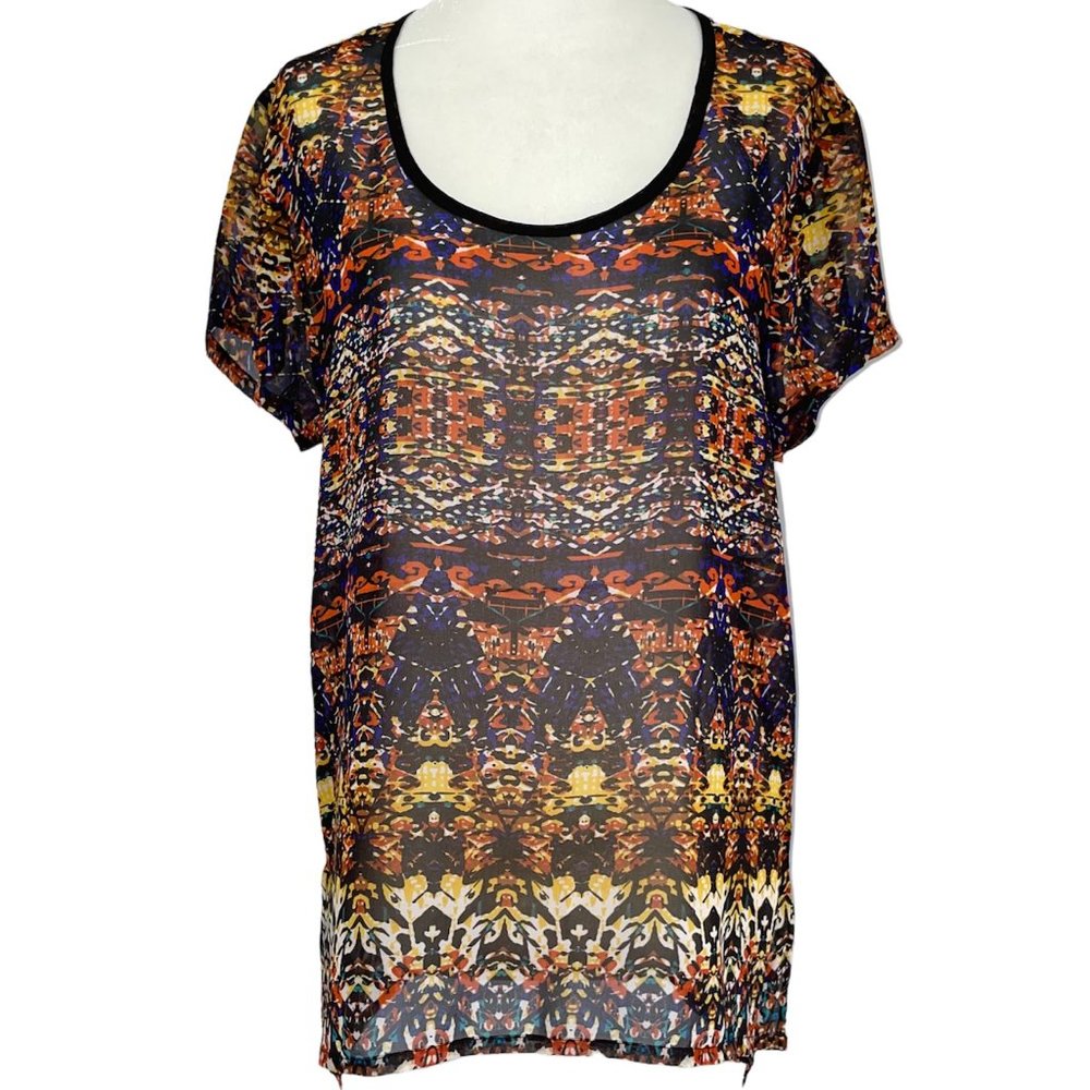 New LA Made Printed Sheer Chiffon High Low Hem Short Sleeve Top Multicolor Small